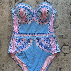 Lilly Pulitzer Blue and Pink One Piece Swimsuit with Bustier Top